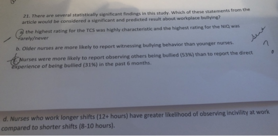 21. There are several statistically significant findings in this study. Which of these statements from the article would be c