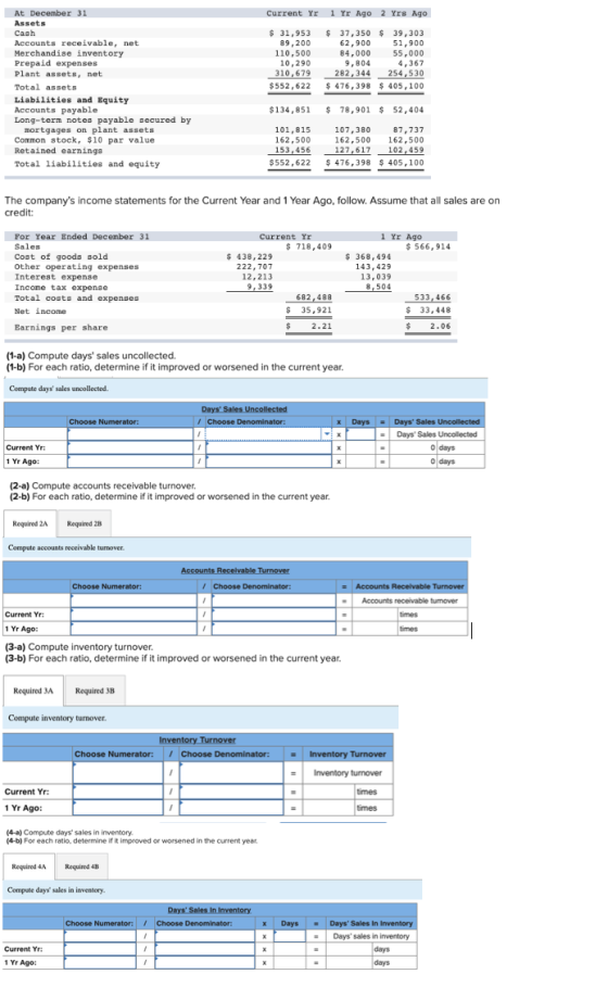Current Yr 1 Yr Ago 2 Yrs Ago At December 31 Assets Cash Accounts receivable, net Merchandise inventory Prepaid expenses Plan