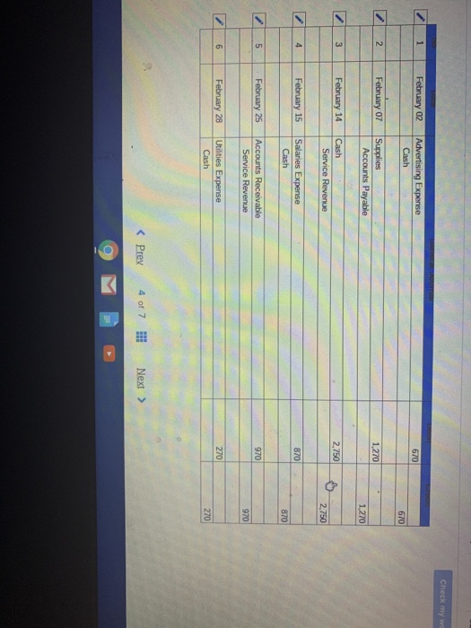Check my w 1 February 02 Advertising Expense Cash 670 670 2. February 07 Supplies Accounts Payable 1,270 1,270 3 February 14