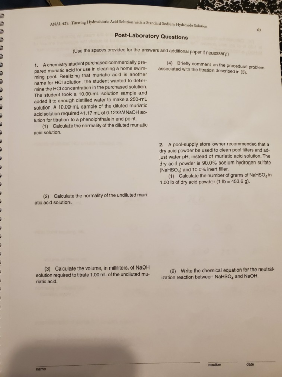 stine Hydrochloric Acid Solution with a Standard Sodium Hydroxide Solution ANAL. 425: Titrating Hydrochloric Acid Sol Post-La