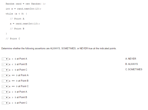 Image for Random rand = new Random( ); int x = rand.nextlnt(10); while (x < 9) ( // Point A x = rand.nextlnt(10); // Poi