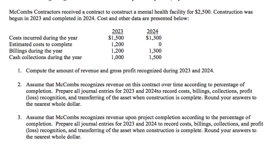 McCombs Contractors received a contract to construct a mental health facility for $2,500. Construction was begun in 2023 and