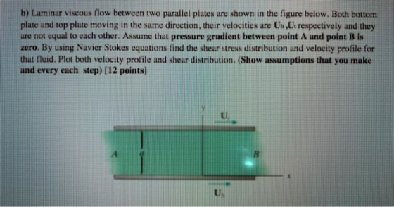 b) Laminar viscous flow between two parallel plates are shown in the figure below. Both bottom plate and top plate moving in
