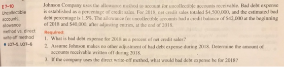 Johnson Company uses the allowance method to account for uncollectible accounts receivable. Bad debt expense E7-10 Uncollectible is established as a percentage of credit sales. For 2018, net credit sales totaled $4,500,000, and the estimated bacd accounts; allowance method vs. direct Required debt percentage is 1.5%. The allowance for uncollectible accounts had a credit balance of$42.000 at the beginning of 2018 and $40,000, after adjusting entries, at the end of 2018. wite-off method 1. What is bad debt expense for 2018 as a percent of net credit sales? L07-5,L07-6 2. Assume Johnson makes no other adjustment of bad debt expense during 2018. Determine the amount of accounts receivable written off during 2018. 3. If the company uses the direct write-off method, what would bad debt expense be for 2018?