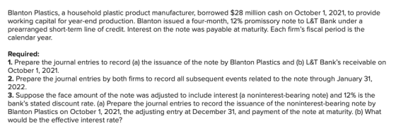 Blanton Plastics, a household plastic product manufacturer, borrowed $28 million cash on October 1, 2021, to provide working