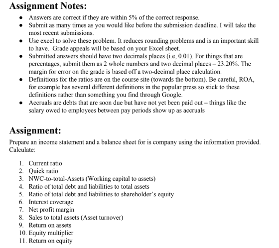 Assignment Notes: Answers are correct if they are within 5% of the correct response. most recent submissions to have. Grade appeals will be based on your Excel sheet . * Submit as many times as you would like before the submission deadline. I will take the » Use excel to solve these problem. It reduces rounding problems and is an important skill * Submitted answers should have two decimals places (i.e, 0.01). For things that are percentages, submit them as 2 whole numbers and two decimal places-23.20%. The margin for error on the grade is based off a two-decimal place calculation » Definitions for the ratios are on the course site (towards the bottom). Be careful, ROA, for example has several different definitions in the popular press so stick to these definitions rather than something you find through Google Accruals are debts that are soon due but have not yet been paid out - things like the salary owed to employees between pay periods show up as accruals » Assignment: Prepare an income statement and a balance sheet for is company using the information provided Calculate: 1. Current ratio 2. Quick ratio 3. NWC-to-total-Assets (Working capital to assets) 4. Ratio of total debt and liabilities to total assets 5. Ratio of total debt and liabilities to shareholders equity 6. Interest coverage 7. Net profit margin 8. Sales to total assets (Asset turnover) 9. Return on assets 10. Equity multiplieir 11. Return on equity