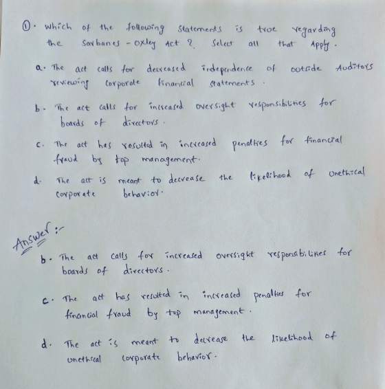 Do which of the following statements is true regarding the Sarbanes - oxley Act ? Select all that apply. a. The act calls for