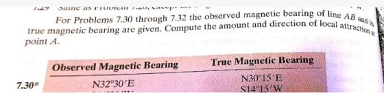 line AB 1.2 Same as IUUICHIU, LAL For Problems 7.30 through 7.32 the observed magnetic bearing of line true magnetic bearing