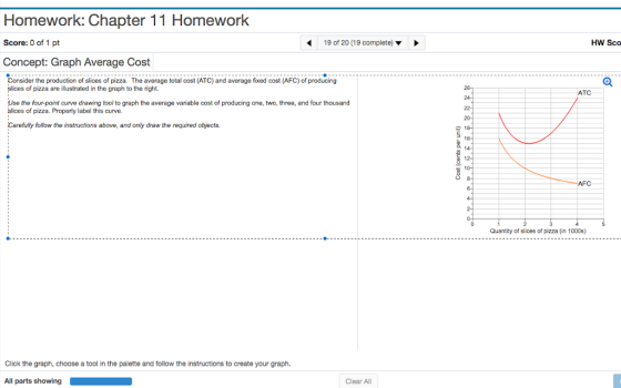 Homework: Chapter 11 Homework Score: 0 of 1 pt Concept: Graph Average Cost 19 of 20 (19 complete) HW Sco Consider the production of slices of pizza. The average total cost (ATC) and average fixed cost (AFC) of producing slices of pizza are illustrated in the graph to the right. ATC Use the four-point curve drawing tool to graph the average variable cost of producing one, two, three, and four thousand slices of pizza. Properly label this curve. Carefully follow the instructions above, and only draw the required objects. 16- 14 AFC Quantity of slices of pizza (in 1000s) Click the graph, choose a tool in the palette and follow the instructions to create your graph. All parts showing Clear All