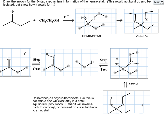 Map AL Draw the arrows for the 3-step mechanism in formation of the hemiacetal. (This would not build up and be isolated, but