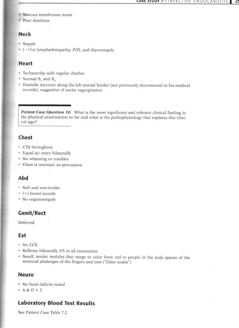 Mucous membranes moist Poor dentition Neck Supple (-) for lymphadenopathy, JVD, and thyromegaly Heart Tachycardia with regula