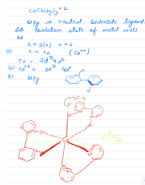 Сосыр),t- bipy is neutral bidentate ligand. so ocidation state of metal will be уғ 3(6) 2+2 а) х = t2 Гcote] со a 3d 742 (Ь c