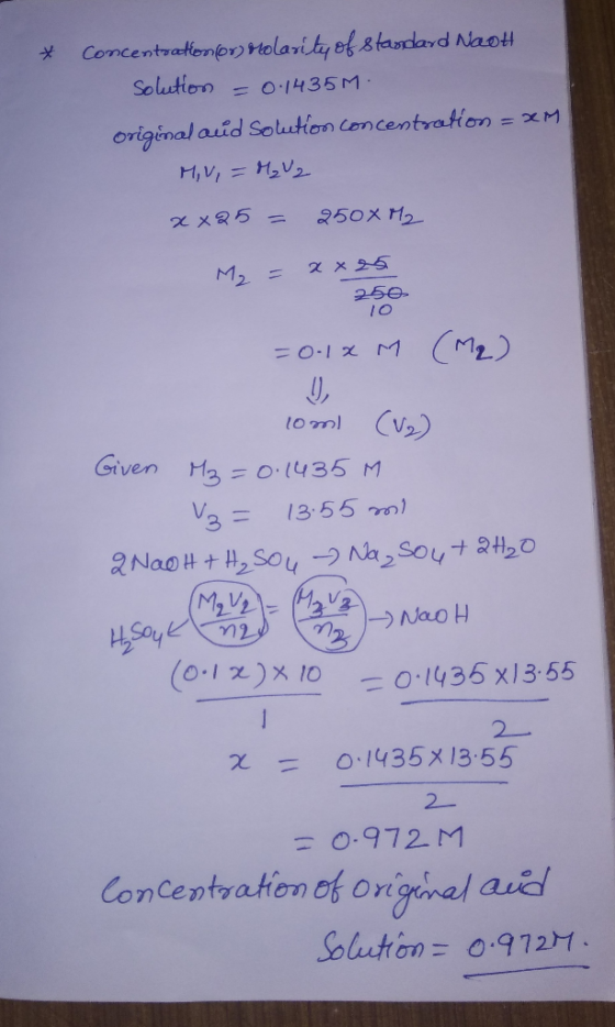 Concentratenov) Holarity ef &tandard Naot Solution = 0.1435M. original auid Solution Concentraton = M 250X M2 2 x 25 M2 11 25