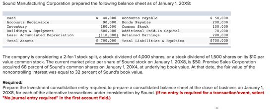 Sound Manufacturing Corporation prepared the following balance sheet as of January 1, 20X8 50,000 200,000 100,000 70,000 280,000 $700,000 $ 40,000 Accounts Payable Cash Accounts Receivable Inventory Buildings & Equipment Less: Accumulated Depreciation Total Assets 90,000 Bonds Payable 180,000 Common 500,000 Additional Paid-In Capital Stock (110,000) Retained Earnings 700,000 Total Liabilities &Equities The company is considering a 2-for-1 stock split, a stock dividend of 4,000 shares, or a stock dividend of 1,500 shares on its $10 par value common stock. The current market price per share of Sound stock on January 1, 20X8, is $50. Promise Sales Corporation acquired 68 percent of Sounds common shares on January 1, 20X4, at underlying book value. At that date, the fair value of the noncontrolling interest was equal to 32 percent of Sounds book value Required: Prepare the investment consolidation entry required to prepare a consolidated balance sheet at the close of business on January 1, 20X8, for each of the alternative transactions under consideration by Sound. (If no entry is required for a transaction/event, select No journal entry required in the first account field.)