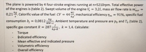 The plane is powered by 4 four-stroke engines running at n=5210rpm. Total effective power of the engines is (table 2). Swept