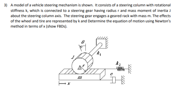 3) A model of a vehicle steering mechanism is shown. It consists of a steering column with rotational stiffness k, which is c