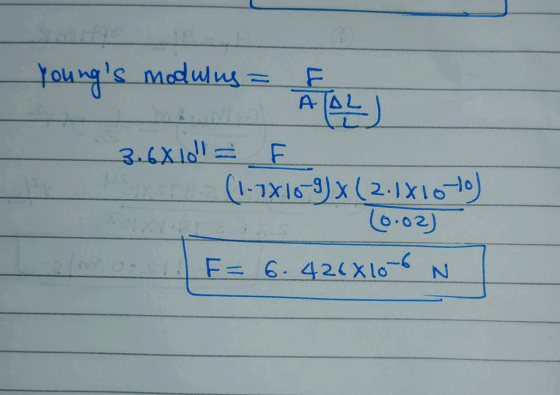 youngs moduling = FAL - 3.68 101 F (1-38109)X (2.1X1080) (0.02) F = 6.426x106N