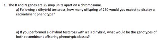 1. The B and N genes are 25 map units apart on a chromosome. a) Following a dihybrid testcross, how many offspring of 250 would you expect to display a recombinant phenotype? a) If you performed a dihybrid testcross with a cis dihybrid, what would be the genotypes of both recombinant offspring phenotypic classes?