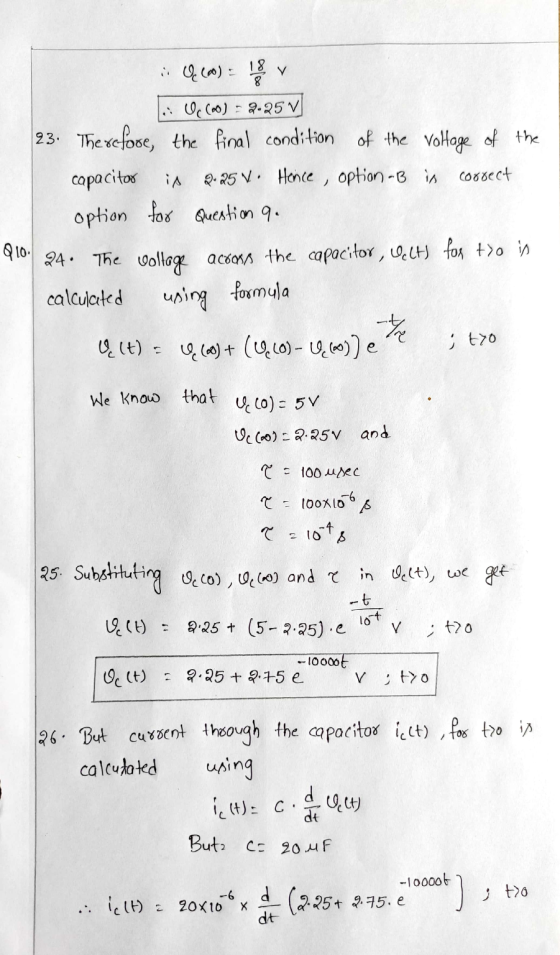 is Qcm): Y UC00) : 9.25 V 23. Therefore, the final condition of the voltage of the capacitor in Q.25 V. Hence , option -B is