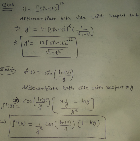 respect to t Quel y = [sin(t)]* differentiate both side > y = 17 ( 402) ( y= 17 [sinct]16 Vi-t2 with ) ar fy)= sin( ins) dif