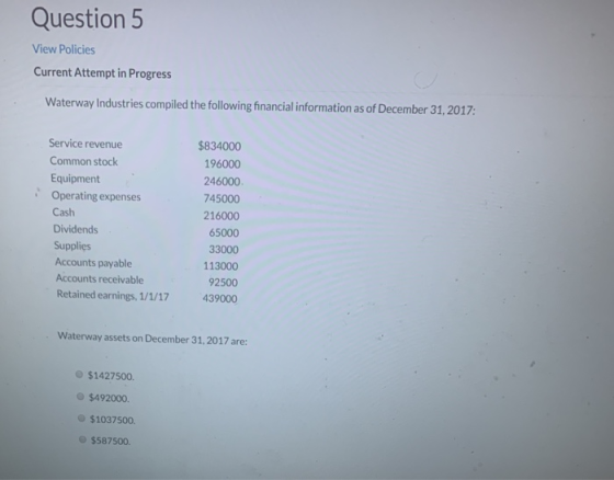 Question 5 View Policies Current Attempt in Progress Waterway Industries compiled the following financial information as of D