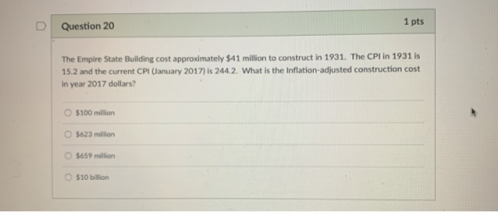 1 pts D | Question 20 The Empire State Building cost approximately $41 million to construct in 1931. The CPI in 1931 is 15.2