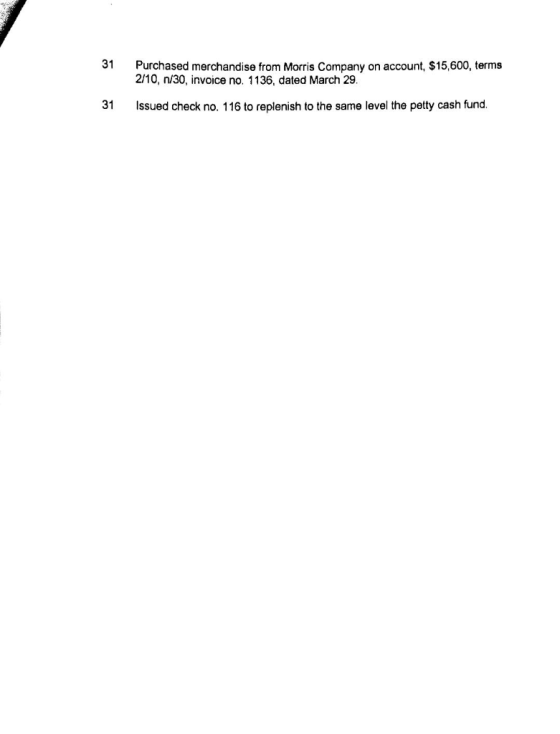 31 Purchased merchandise from Morris Company on account, $15,600, terms 2/10, n/30, invoice no. 1136, dated March 29. 31 Issu