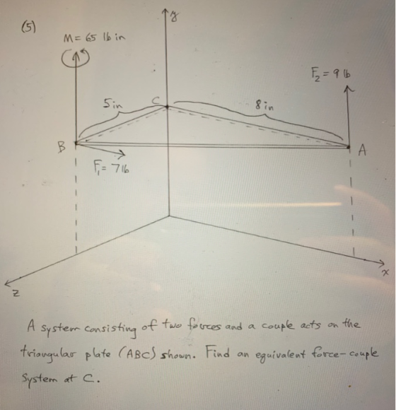 lb in M= 65 49 F = 916 — В 1 = 716 A system consisting of two forces and a couple acts on the triangular plate (ABC) shown. F