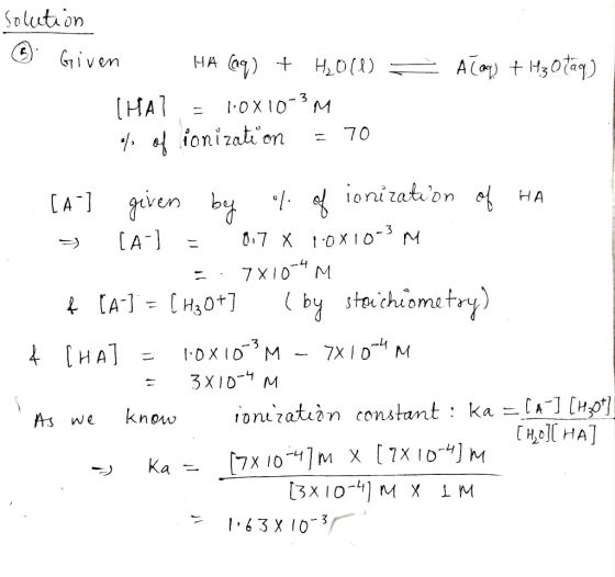 solution ©). Given HA (29) + H2010 THAY = 1.0X10-3M of of ionization = 70 = A call + H30 tag) [A-] given by 6% of ionization