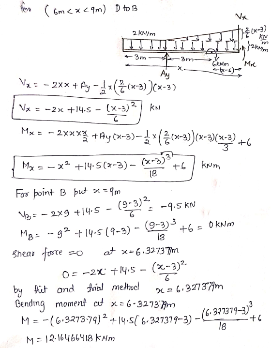 for (6m<x<9m) D to B Nx 2 kN/m JŽ (x=3] KN ! ] TT Jakrim 3m 3 m Mic xa 6kNm -(2-6)~? Ay Va = - 2x2 + Ay + Ay - 3x ((x-3))(x-3