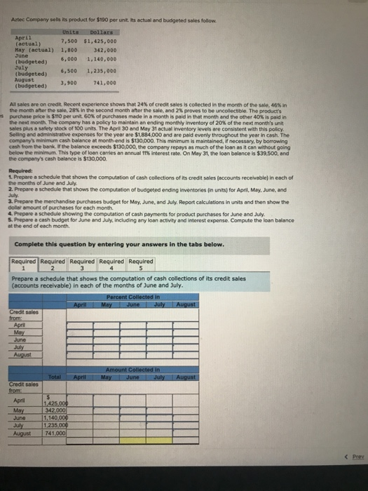 Artec Company is its product for $190 per unit is actual and budgeted sales follow April (actual) May (actual) 7,500 1,300 .0