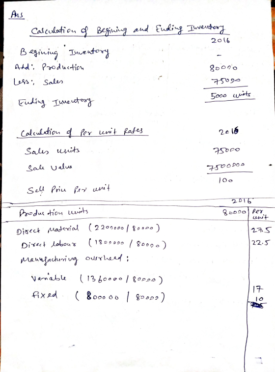 Ans Calculation of Begining and Ending Inventory 2016 Begining Inventory Add: Production Less Sales 8oono 750go 5000 wits End