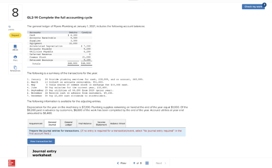 Check my work GL2-14 Complete the full accounting cycle The general ledger of Pipers Plumbing at January 1, 2021, includes th