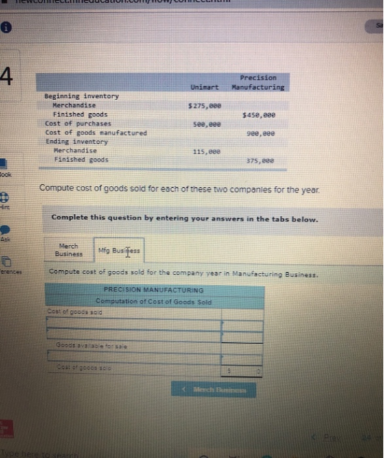 NEVLULILIELLEHLIGUULALIULICUI HULUCCI Unimart Precision Manufacturing $275, eee $450, eee Beginning inventory Merchandise Fin