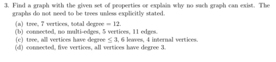 3. Find a graph with the given set of properties or explain why no such graph can exist. The graphs do not need to be trees u