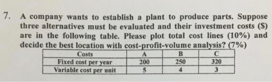 7. A company wants to establish a plant to produce parts. Suppose three alternatives must be evaluated and their investment c