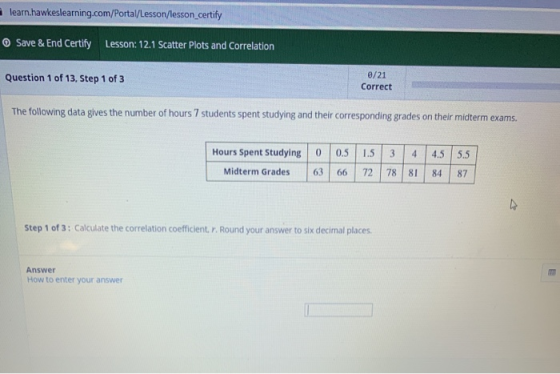 learn.hawkeslearning.com/Portal/Lesson/lesson certify Save & End Certify Lesson: 12.1 Scatter Plots and Correlation Question