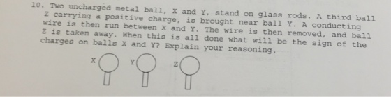 10. Two uncharged metal ball, X and Y, stand on glass rods. A third ball Z carrying a positive charge, is brought near ball Y. A conducting wire is then run between X and Y. The wire is then removed, and ball 2 is taken away. When this is all done what will be the sign of the charges on balls x and Y? Explain your reasoning