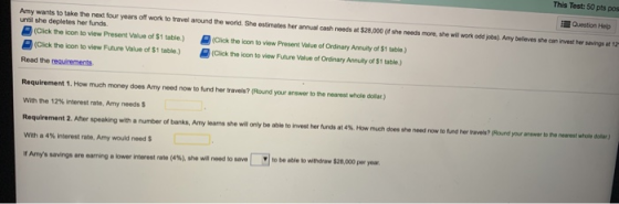 This Test: 50 pts pos EQuestion Help Amy wants to take the next four years off work to travel around the world. She estimates