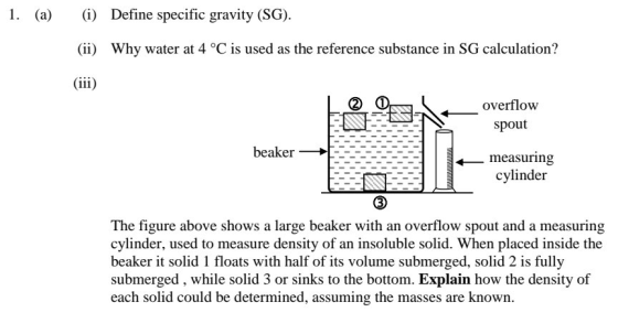 1. (a) (i) Define specific gravity (SG). (ii) Why water at 4 °C is used as the reference substance in SG calculation? overflo