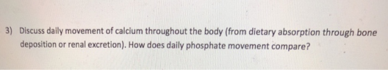 3) Discuss daily movement of calcium throughout the body (from dietary absorption through bone deposition or renal excretion)