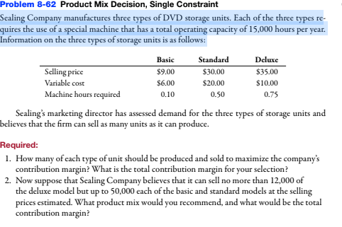 Problem 8-62 Product Mix Decision, Single Constraint Scaling Company manufactures three types of DVD storage units. Each of t