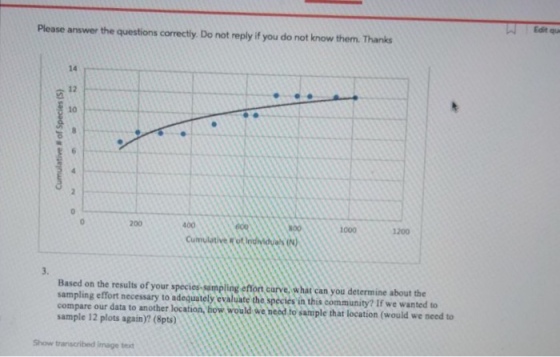 Please answer the questions correctly Do not reply if you do not know them. Thanks Edit qu 14 T 12 10 200 400 1000 1200 3. Based on the results of your species sampling ettont carve, what can you determine about the sampling effort necessary to adequately evaluate the species in this community? If we wanted to compare our data to another location bow would we heed to sample that location (would we need to sample 12 plots again)? (8pts) Show transcribed image text