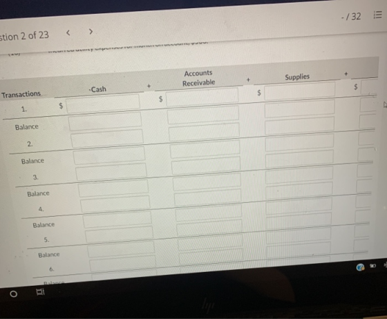 -/325 stion 2 of 23 w + Accounts Receivable Supplies -Cash Transactions $ $ $ 1. Balance 2. Balance 3. Balance 4. Balance 5.