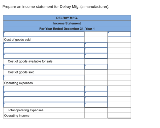 Prepare an income statement for Delray Mfg. (a manufacturer). DELRAY MFG. Income Statement For Year Ended December 31, Year 1