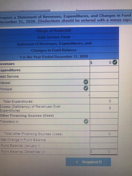 repare a Statement of Revenues, Expenditures, and Changes in Fund ecember 31, 2020. (Deductions should be entered with a minu