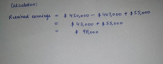 Calculation? Retained earnings = $ 450,000 - $407,000 & $55,000 $ 43,000 + $ 55,000 & 98,000