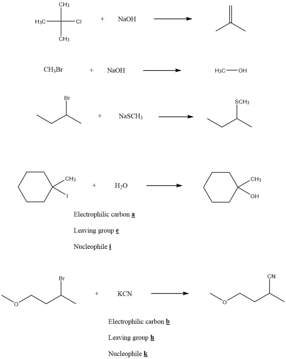 CH3 H3C |—Cl + NaOH CH3 CH3Br + NaOH H3C — OH SCH3 NaSCH: CH3 CH3 + HO Electrophilic carbon a Leaving group e Nucleophile i w