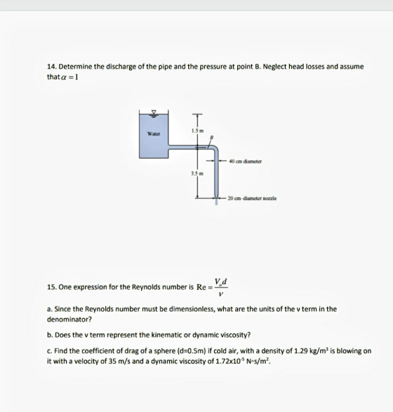14. Determine the discharge of the pipe and the pressure at point B. Neglect head losses and assume that a = 1 Di T 1.5 m Wat