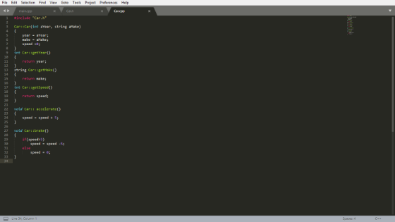 File Edit Selection Find View Goto Tools Project Preferences Help Carh Carcpp 1 #include Car h 3 Car::Car(int aYear, strin